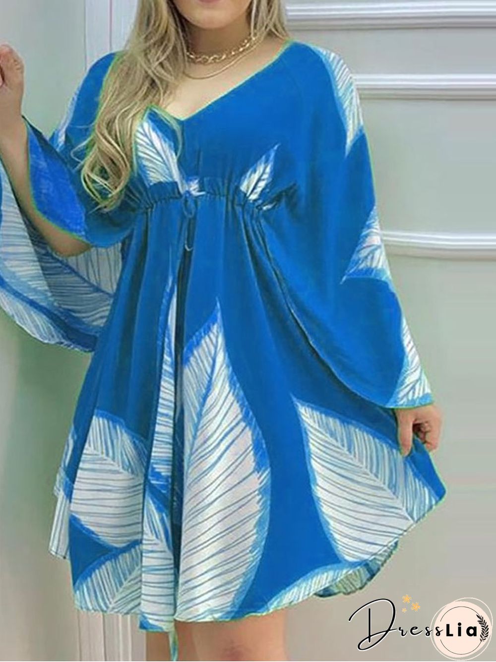 V-neck Long Sleeve Loose Skirt Irregular Dress