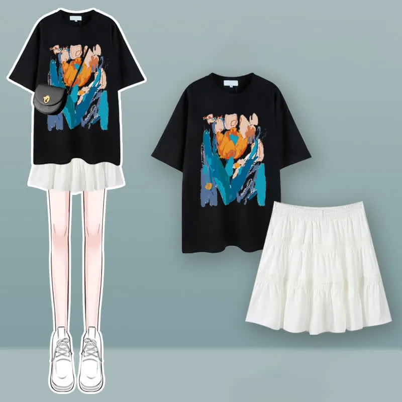 Tulip Cherry Blossom Print T-Shirt Pleated Skirt Two Pieces Set
