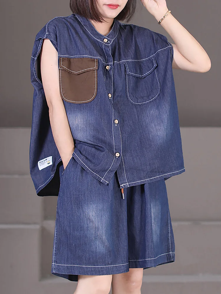 Women Summer Spliced Pocket Casual Loose Denim Suits