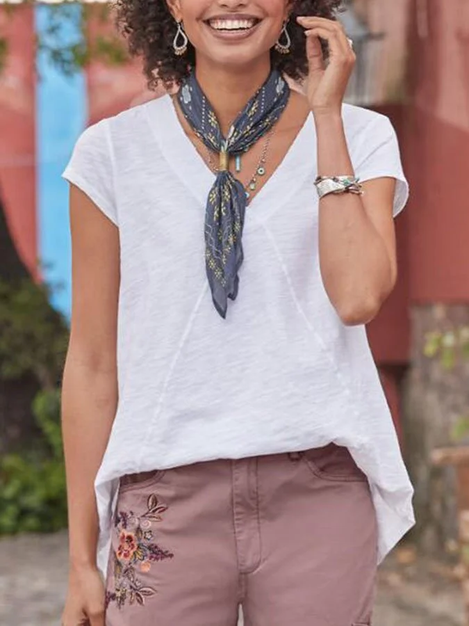 Solid Color V-Neck Cotton And Linen T-Shirt-mysite