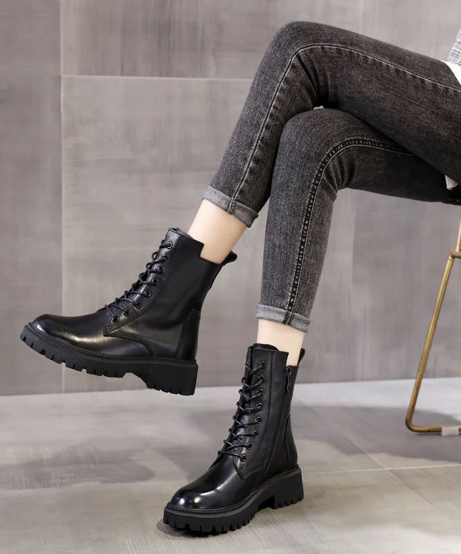 Retro Black Boots Warm Fleece Lace Up Chunky Boots
