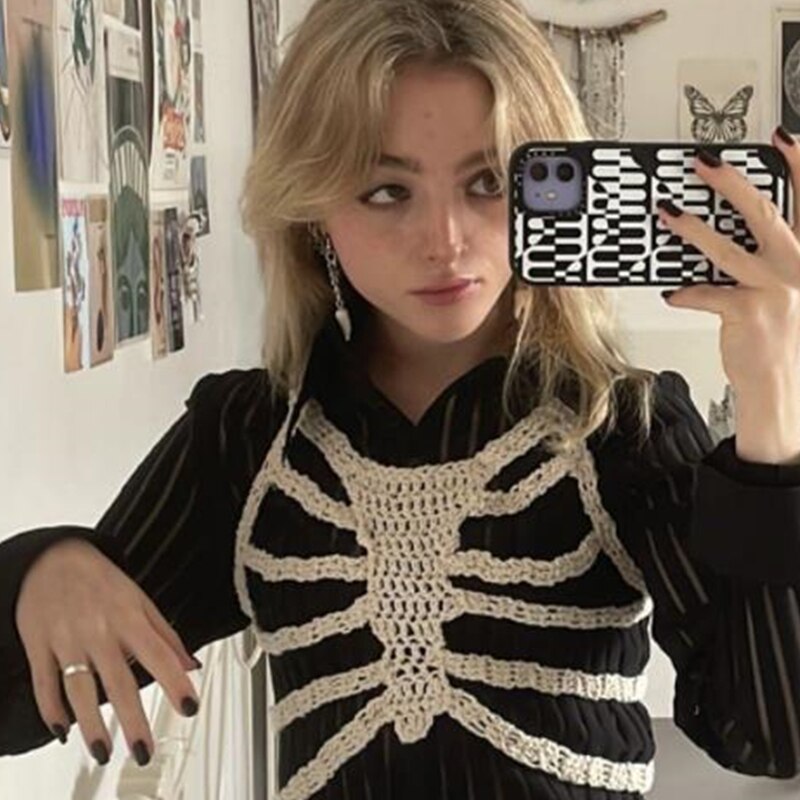 2022 Skeleton Crochet Top Gothic Aesthetic Hollow Out Knitted Tshirt