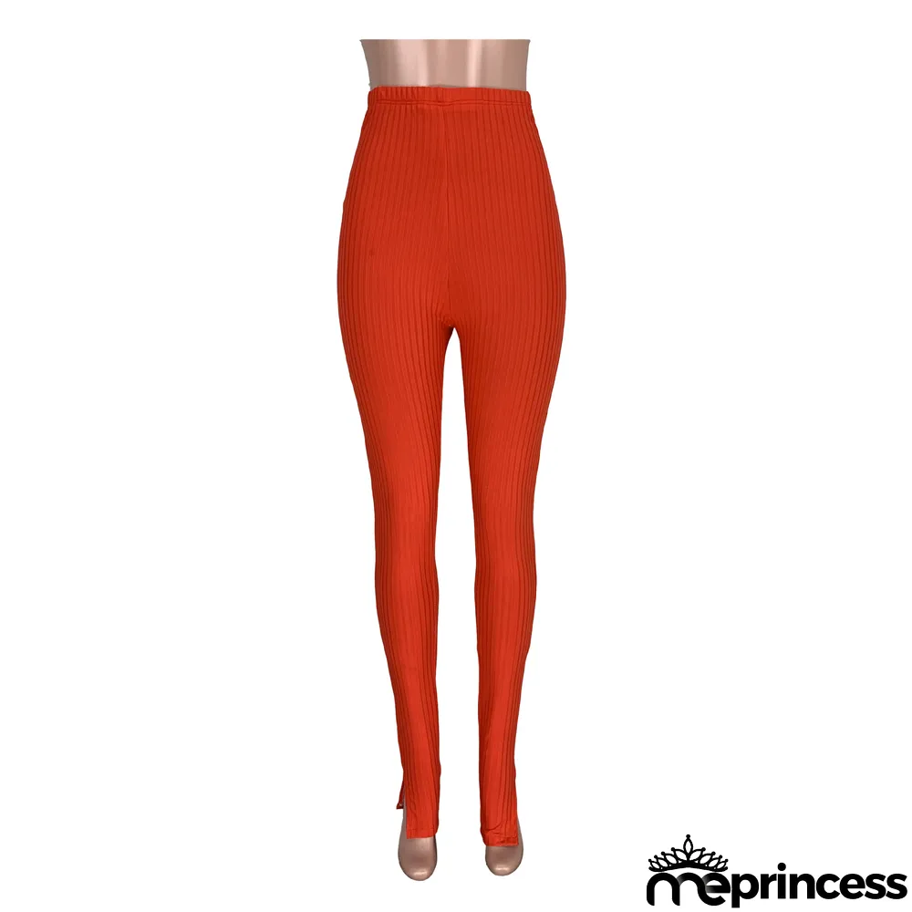 Solid Knitted Split Skinny Long Pants