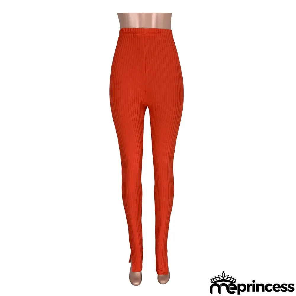 Solid Knitted Split Skinny Long Pants