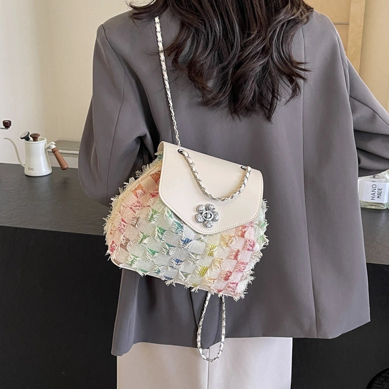 Women’s Medium Cloth Color Block Star Classic Style Streetwear Sewing Thread Square Flip Cover Fashion Backpack