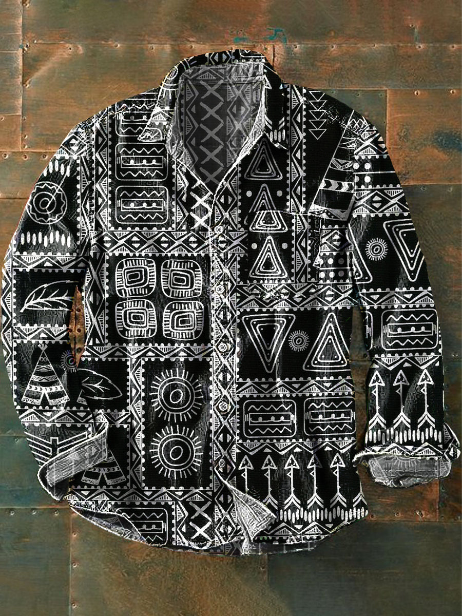 Men's Vintage Ethnic Geometric Art Print Long Sleeve Pocket Shirt