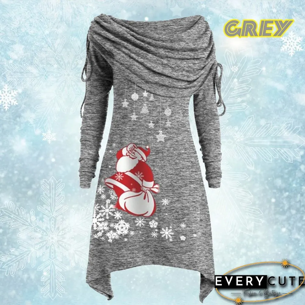 Womens Fashion Christmas Santa Claus Snowflake Print Ruched Foldover Collar Dress Cotton