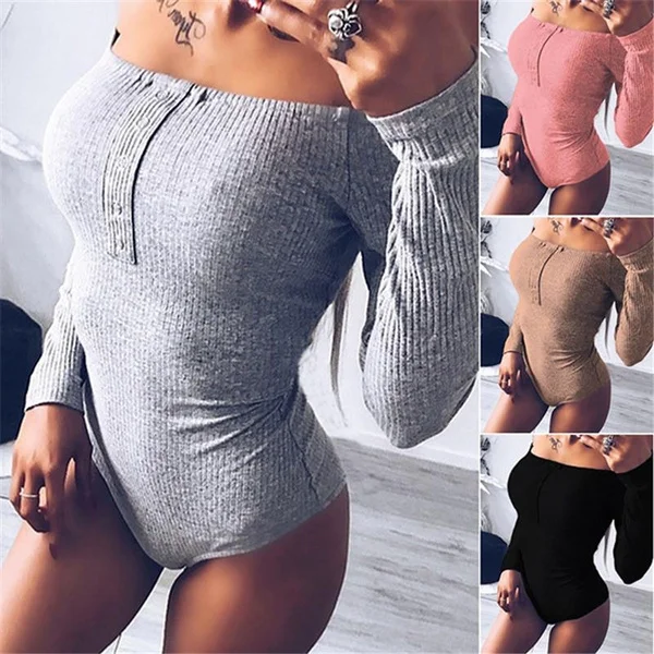 2018 Womens Clothing Fashion Sexy Women Bodysuits Off Shoulder Skinny Jumpsuits Long Sleeve T Shirt Casual Tops For Women