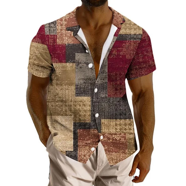 Men's Printed Colorblock Lapel Short Sleeve Shirt