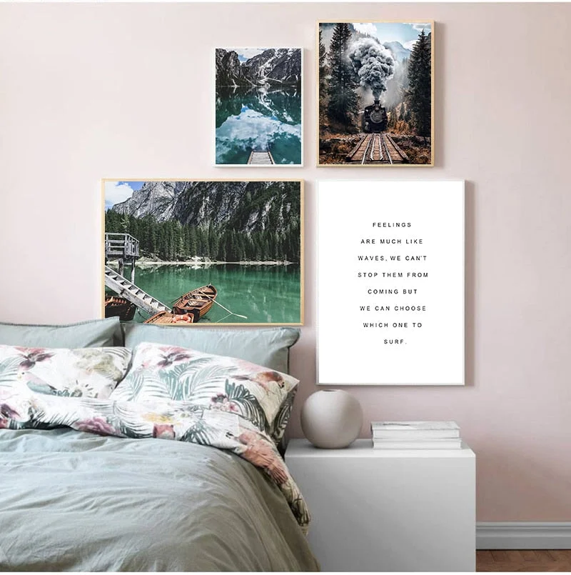 Mountain Lake Print Lago Di Braies Canvas Poster Painting Train Landscape Wall Art Modern Living Room Home Decor Wall Pictures