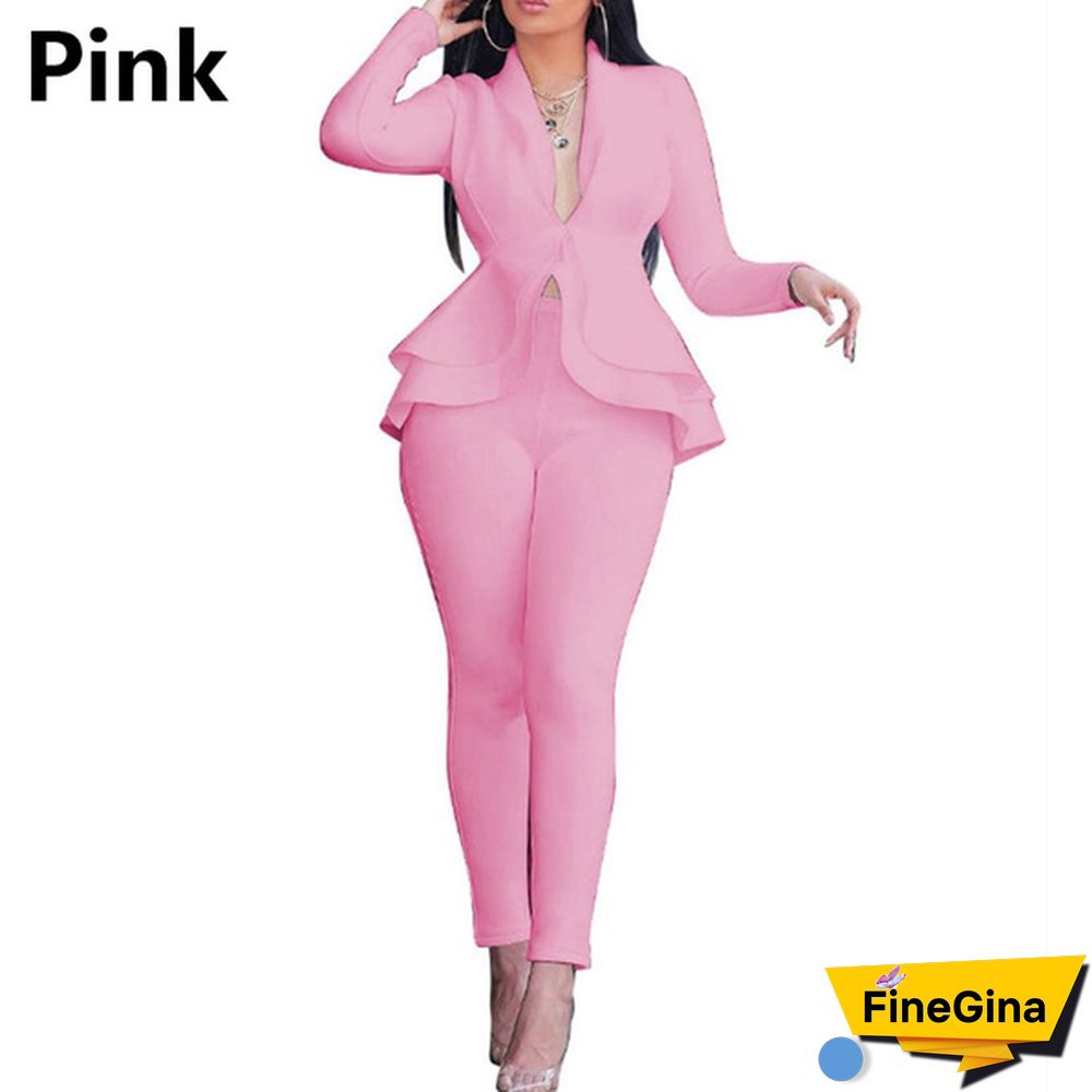 Women's Formal Office Outfits Work Blazer Business Jacket Pants Ruffle Suit Set Solid Color