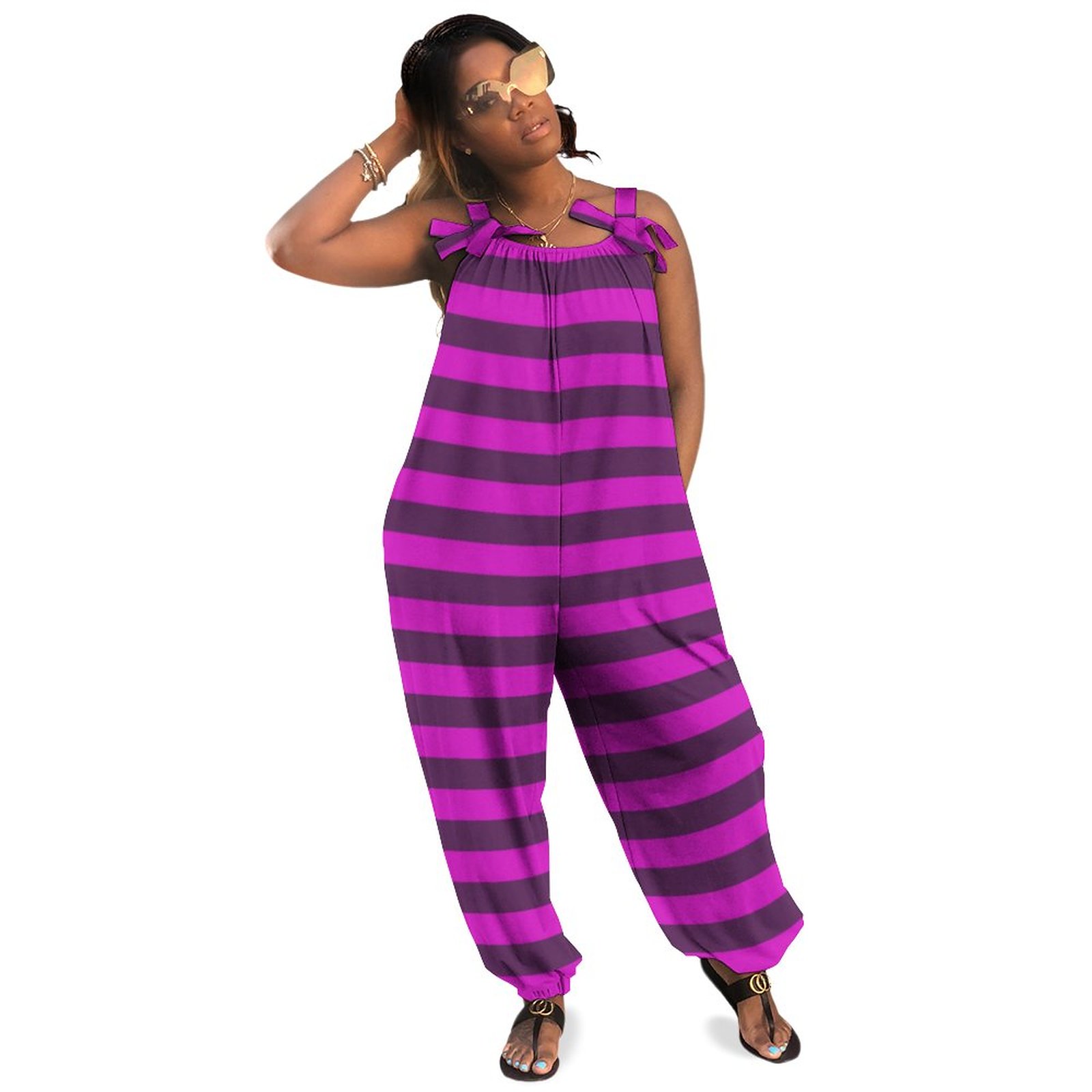 Dark Purple And Magenta Stripes Boho Vintage Loose Overall Corset Jumpsuit Without Top