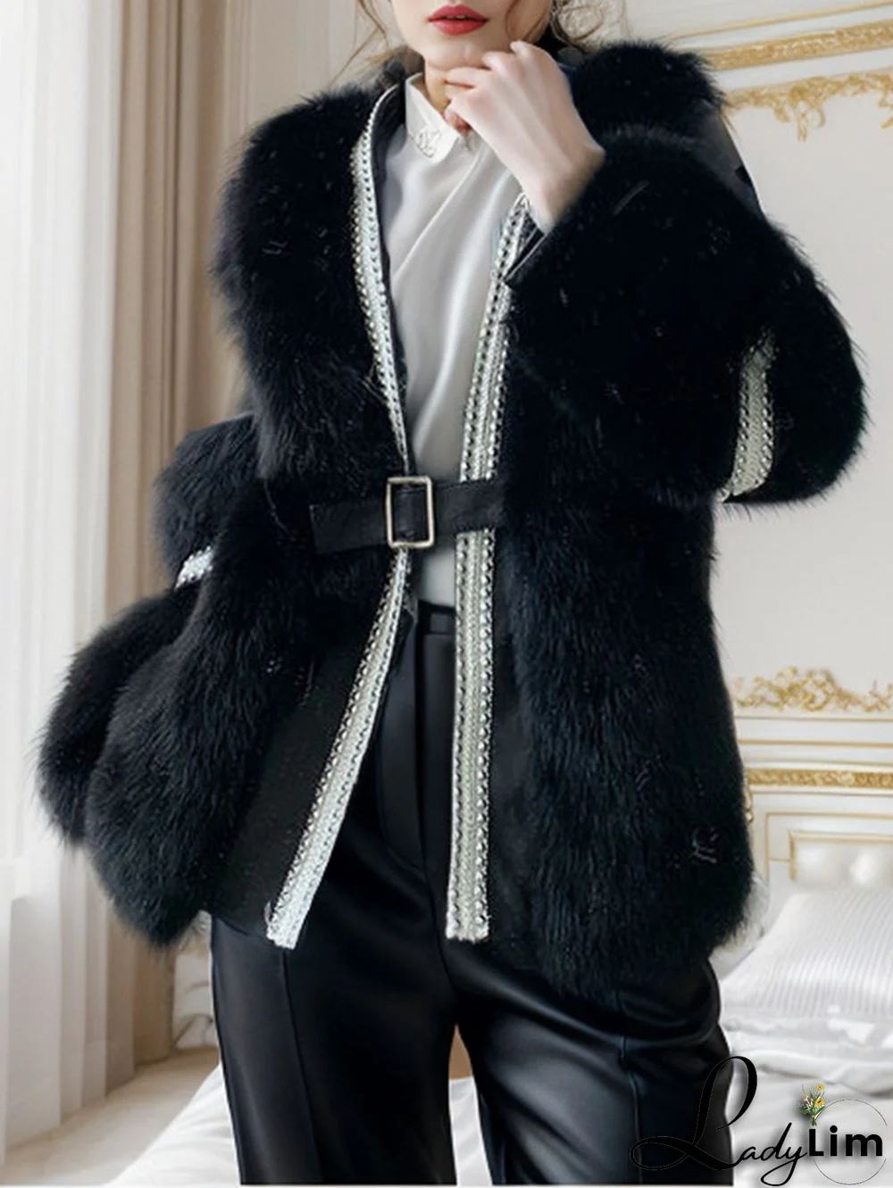 Daily Faux Fur Patchwork Buckle Belt Solid Plush Coat