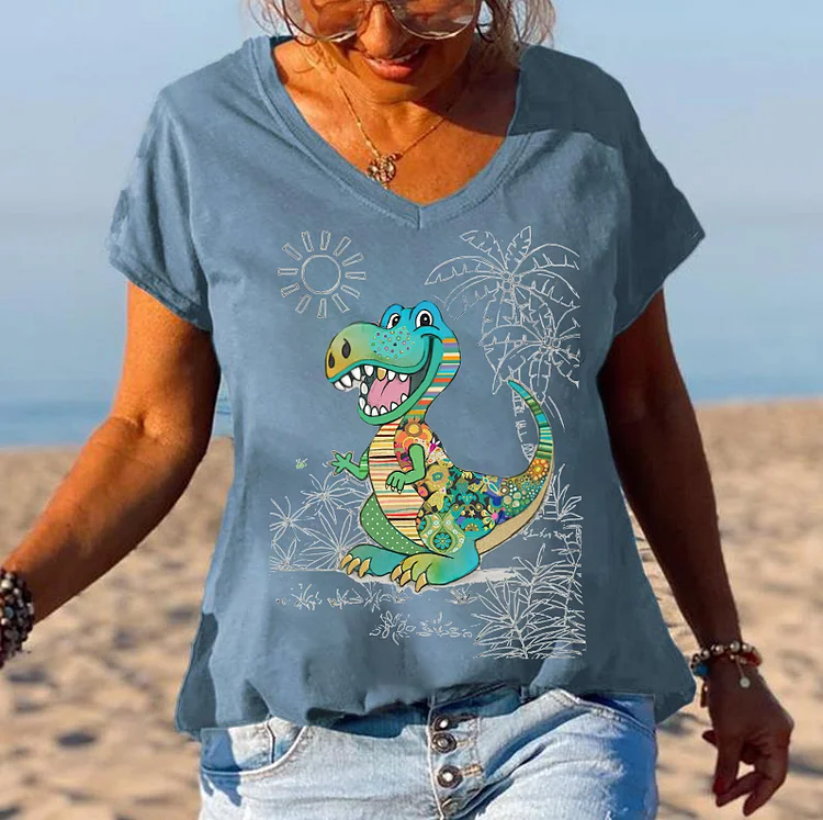 Green Dinosaurs Printed V-neck T-shirt