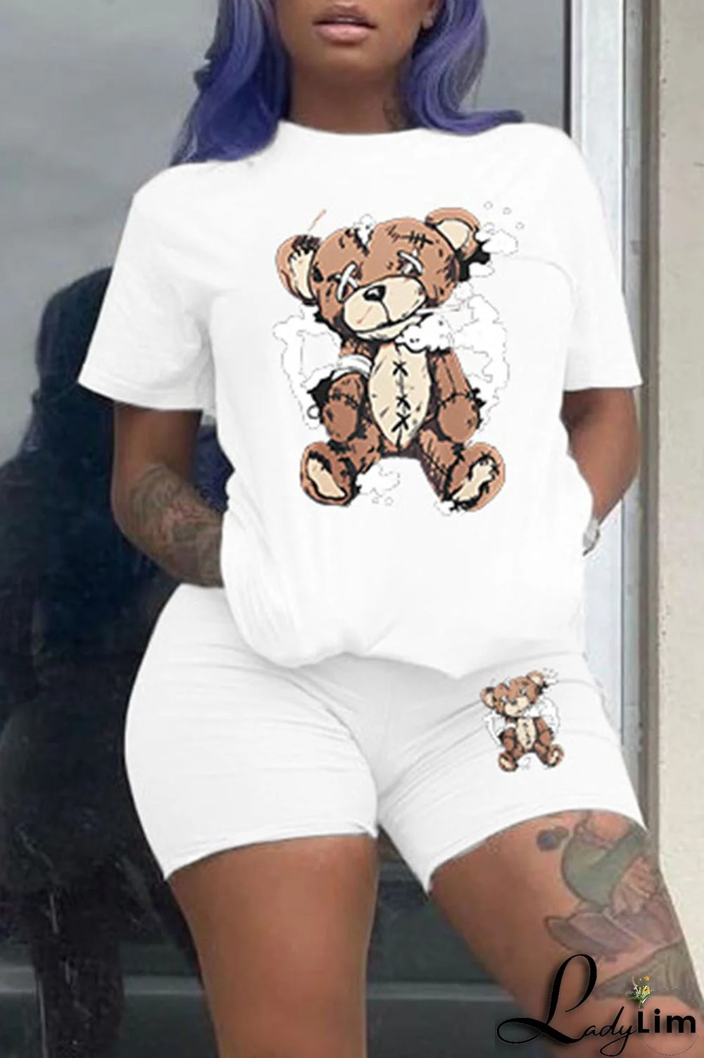 Purple Casual Print Patchwork O Neck Short Sleeve Two Pieces