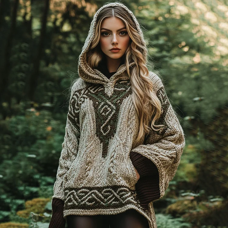 Women's Irish Celtic Contrasting Cord Jacquard Hooded Sweater
