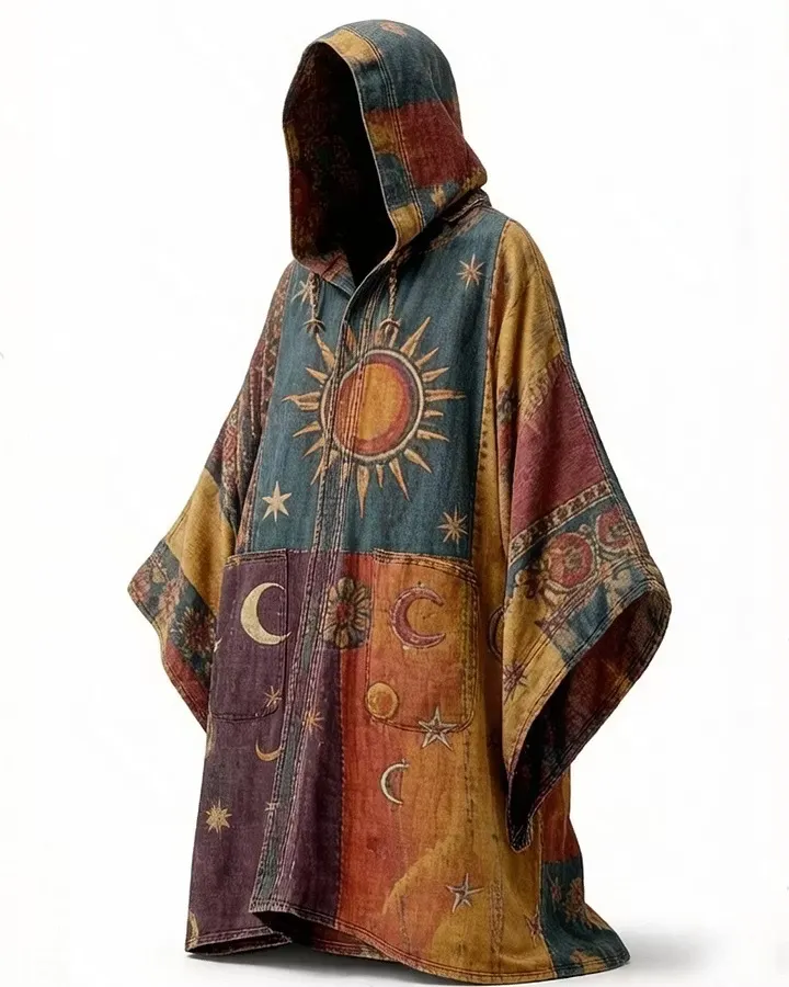 Men's Summer Fashion Star and Moon Embroidered Linen Hooded Cape 5306