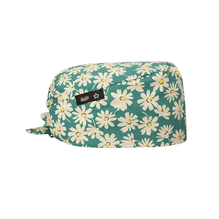 Women's Green Flower Beanies Working Cap Button Sweatband Headband Elastic Hat Adjustable Bouffant Cap Adjustable