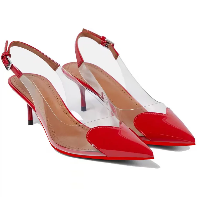 50mm/2 inch women's heart-shaped patchwork transparent pointed slingback red bottom sandals VOCOSI VOCOSI