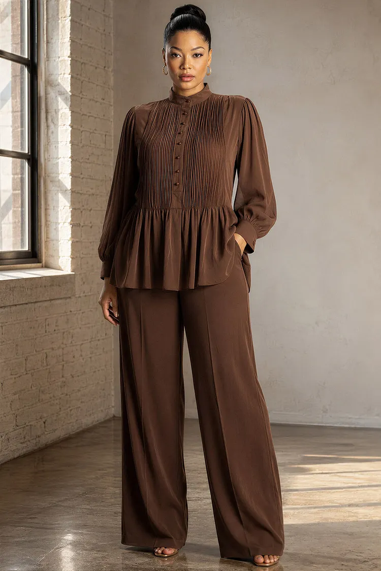 Xpluswear Design Plus Size Business Casual Brown Mock Neck Lantern Sleeve Long Sleeve Pleated Pocket Two Piece Pant Sets [Pre-Order] 2024 - Xpluswear
