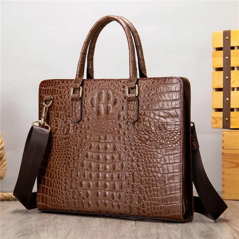 Vintage Genuine Leather Crocodile-Textured Style Top-Handled Business Bag