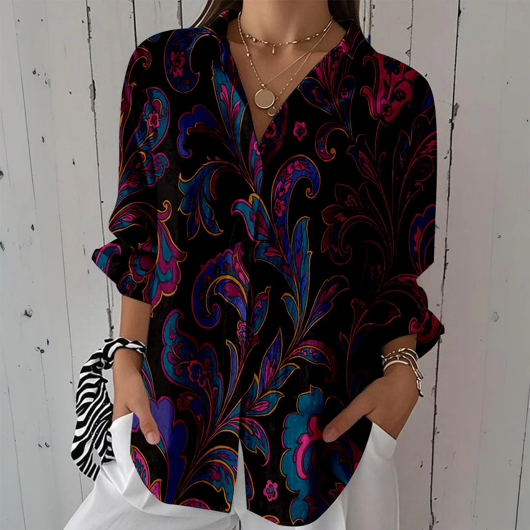 Style & Comfort for Mature Women Women Tropical,Red,Black DZCL0264 3/4 Sleeve Shirt Collar Printed Button Tops