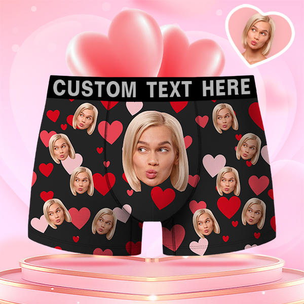 Valentine's Day Gifts Custom Face Men's Boxer Red Heart Funny Face Confession Gift For Boyfriend Style Underwear, Birthday Gifts For Husband, Waistband Text Boxer Gift artswardrobe