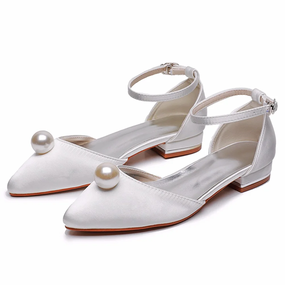 Breakj Breakj Cm Ball Beads Flat And Casual Tip Hollow Sandals Low Heel Light-Mouthed Satin Cloth Buckle The Bride's Wedding Shoes