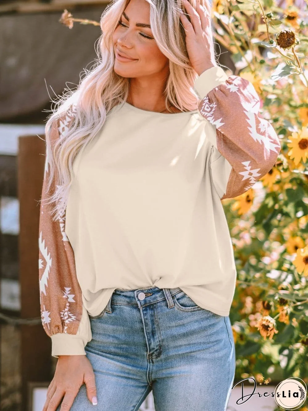 Aztec Patchwork Sleeve Apricot Western Top