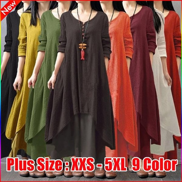 New Women Casual Loose Dress Solid Long Sleeve Cotton Boho Long Maxi Autumn Dress (Plus Size:XS-5XL) - Shop Trendy Women's Clothing | LoverChic