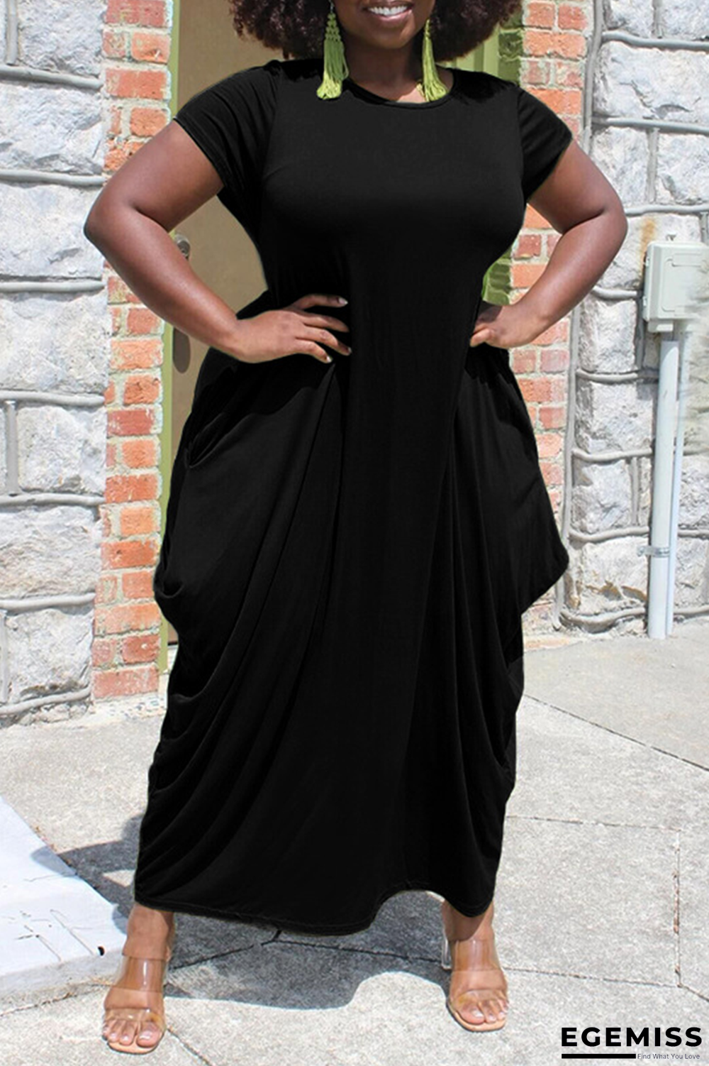 Black Casual Solid Patchwork O Neck Straight Dresses | EGEMISS