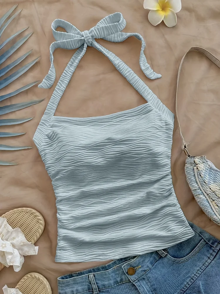 Eudomi Women's Elegant Halter Neck Tank Top | Adjustable Bow Strap, Semi-Sheer Lightweight Fabric, All-Season Versatile Wear, Hand Wash Only, Solid Color, Casual Summer Top, Delicate Aesthetic, Sophisticated Texture