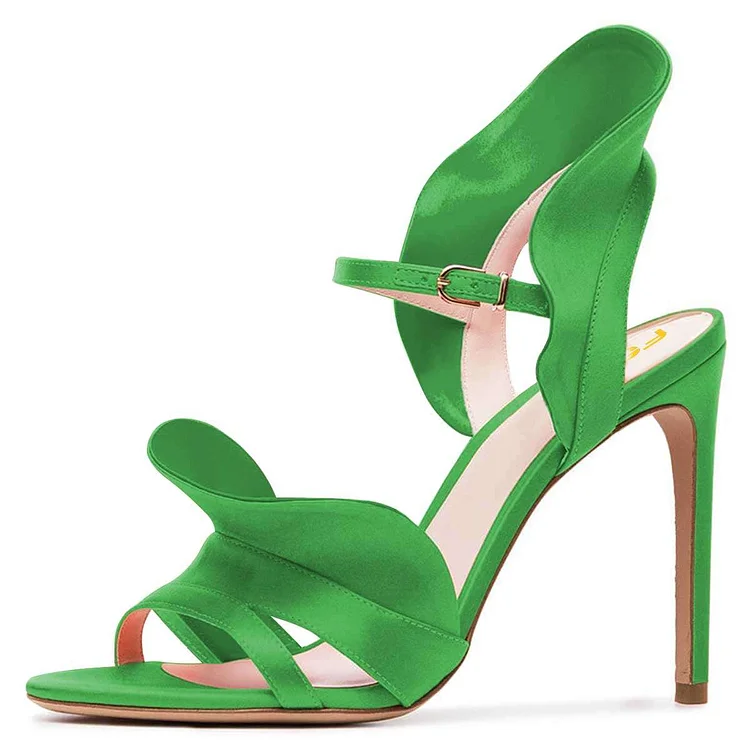 Green Satin Slingback Heels Sandals |FSJ Shoes