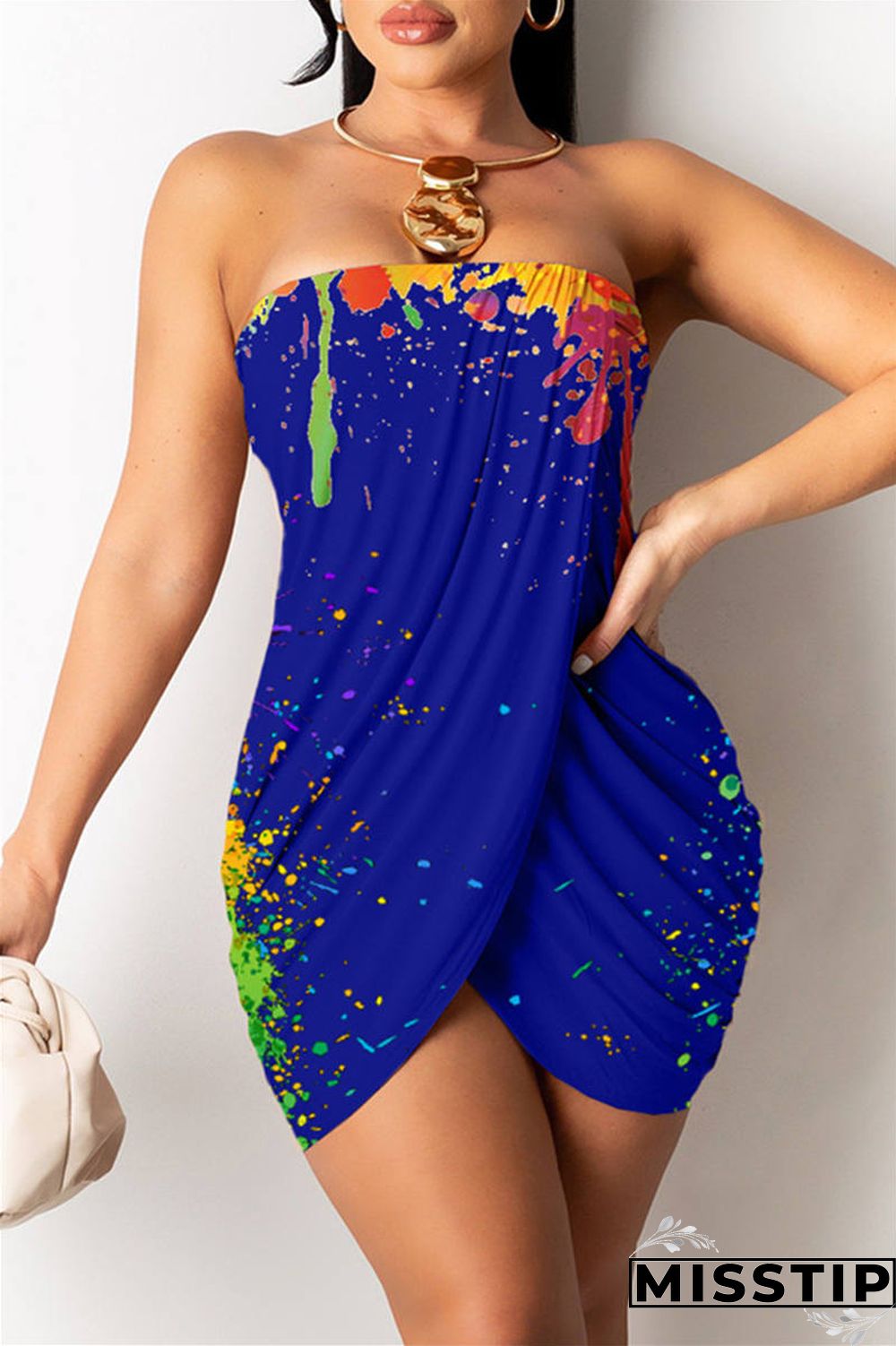 Colorful Blue Sexy Print Backless Asymmetrical Strapless Sleeveless Dress