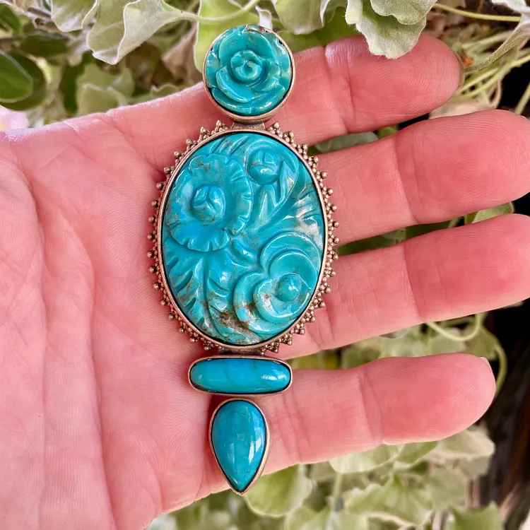 Carved Rose Turquoise Enhancer Pendant Pin in Sterling Silver