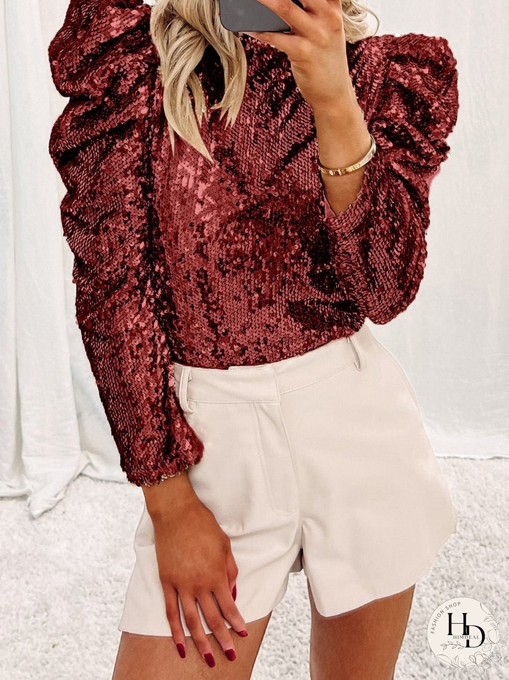 Burgundy Sequin High Neck Ruched Sleeve Top