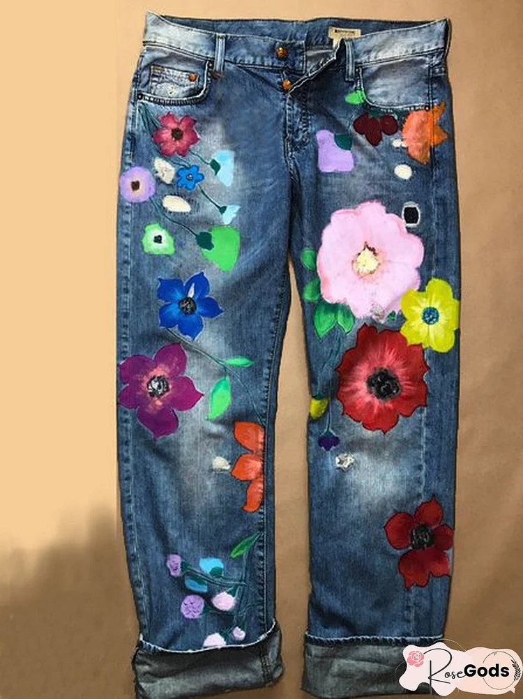 Women Denim Sweet Floral Casual Jeans