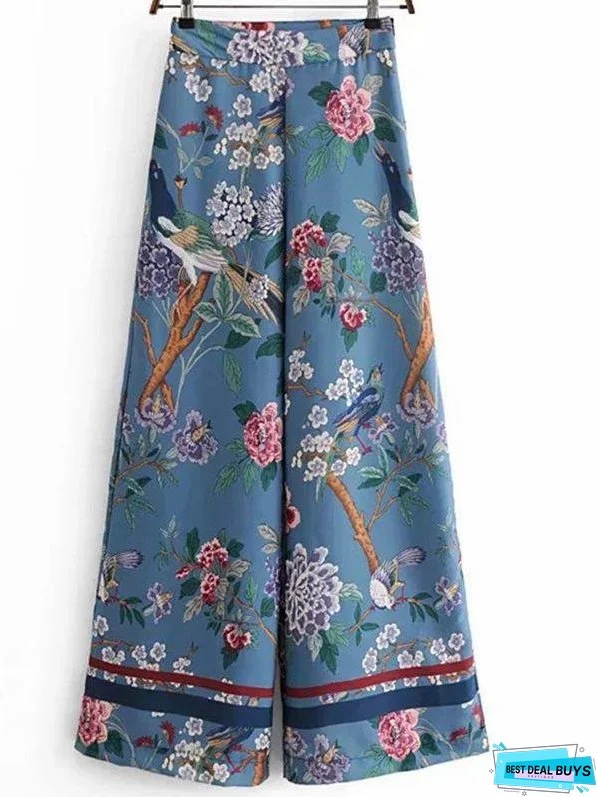 Autumn Bird Flower Print High Waist Side Zipper Loose Wide Leg Pants