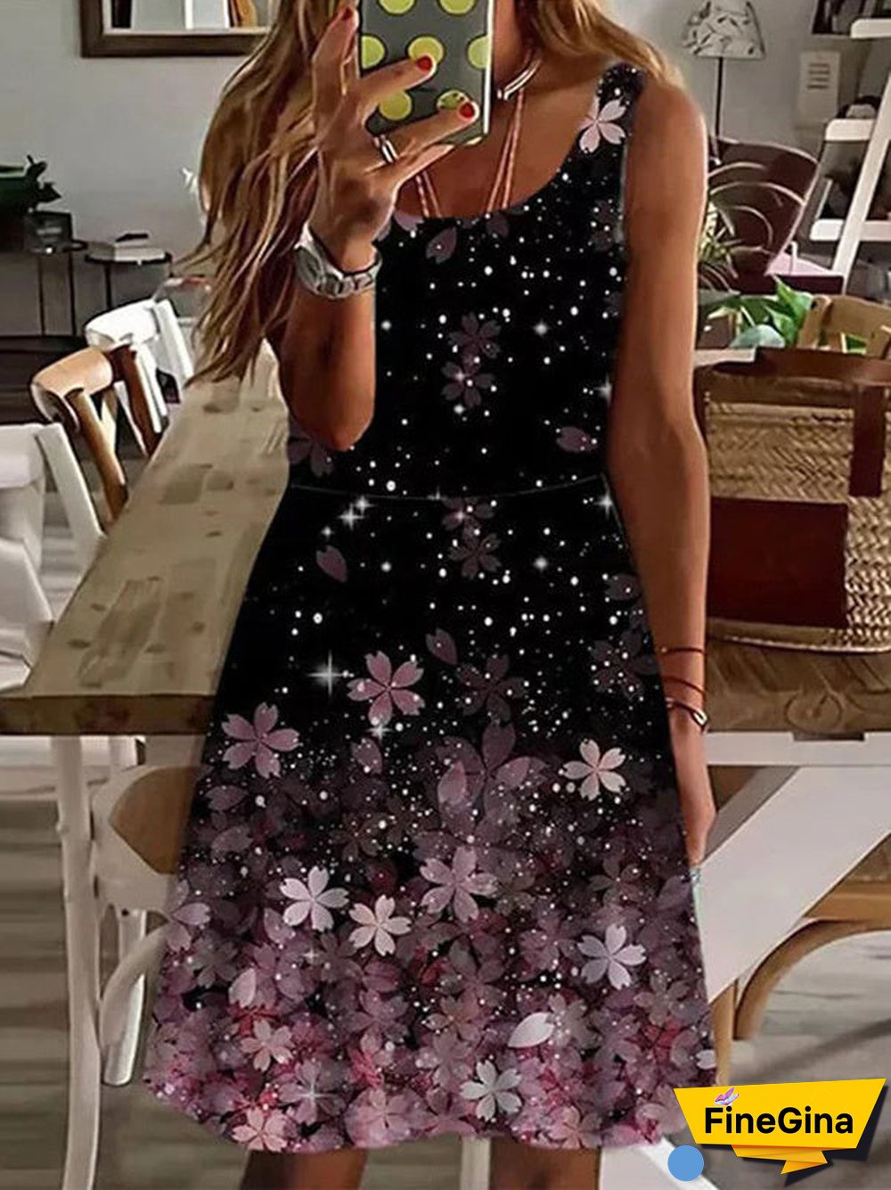 Women's Sleeveless Scoop Collar Floral Printed Midi Dress