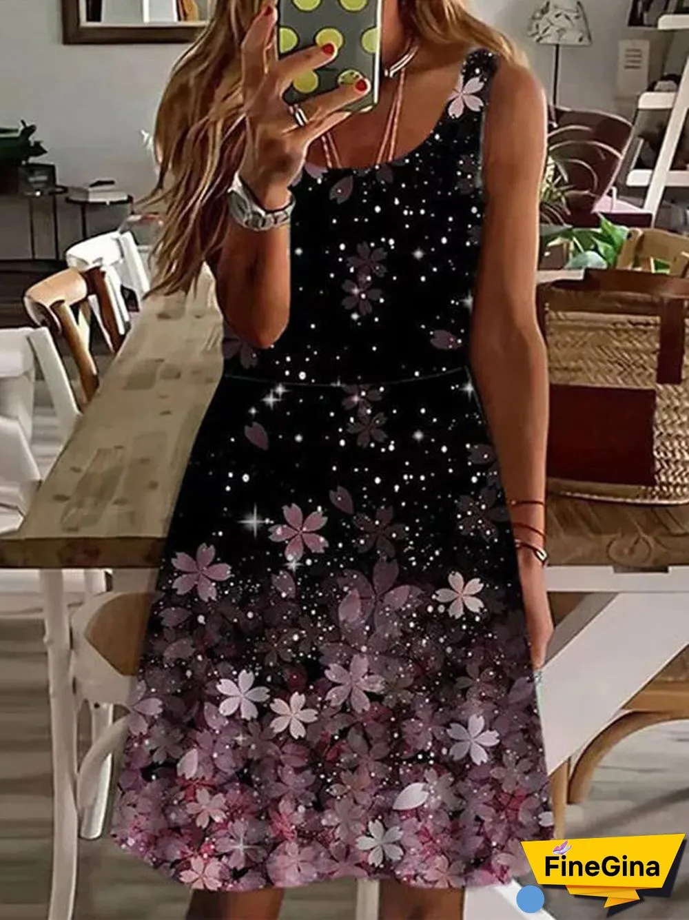 Women's Sleeveless Scoop Collar Floral Printed Midi Dress
