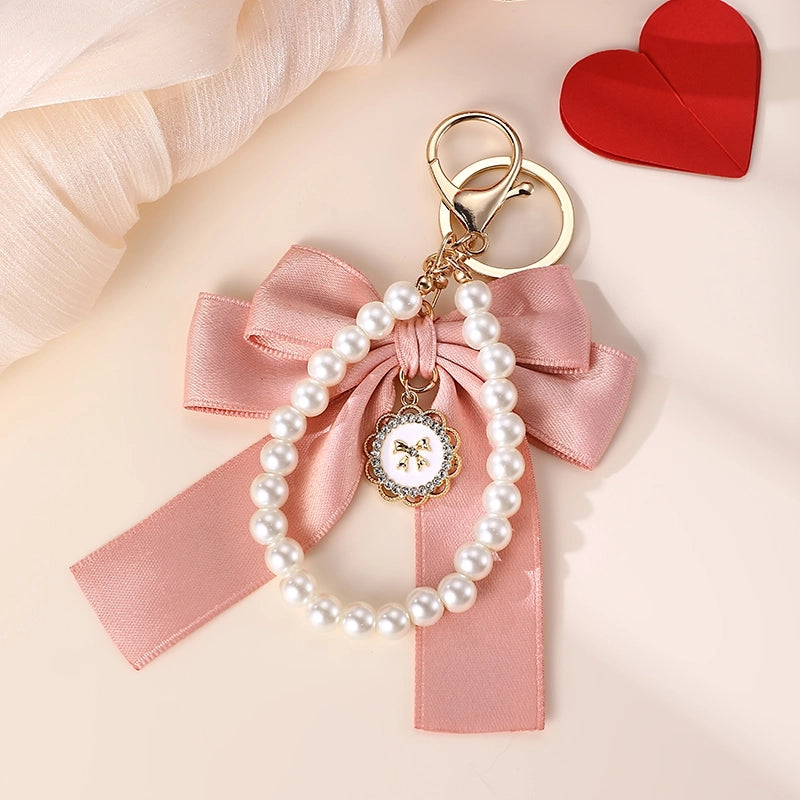 Sweet Cherry Heart Shape Bow Knot Artificial Pearl Alloy Polyester Bag Pendant Keychain