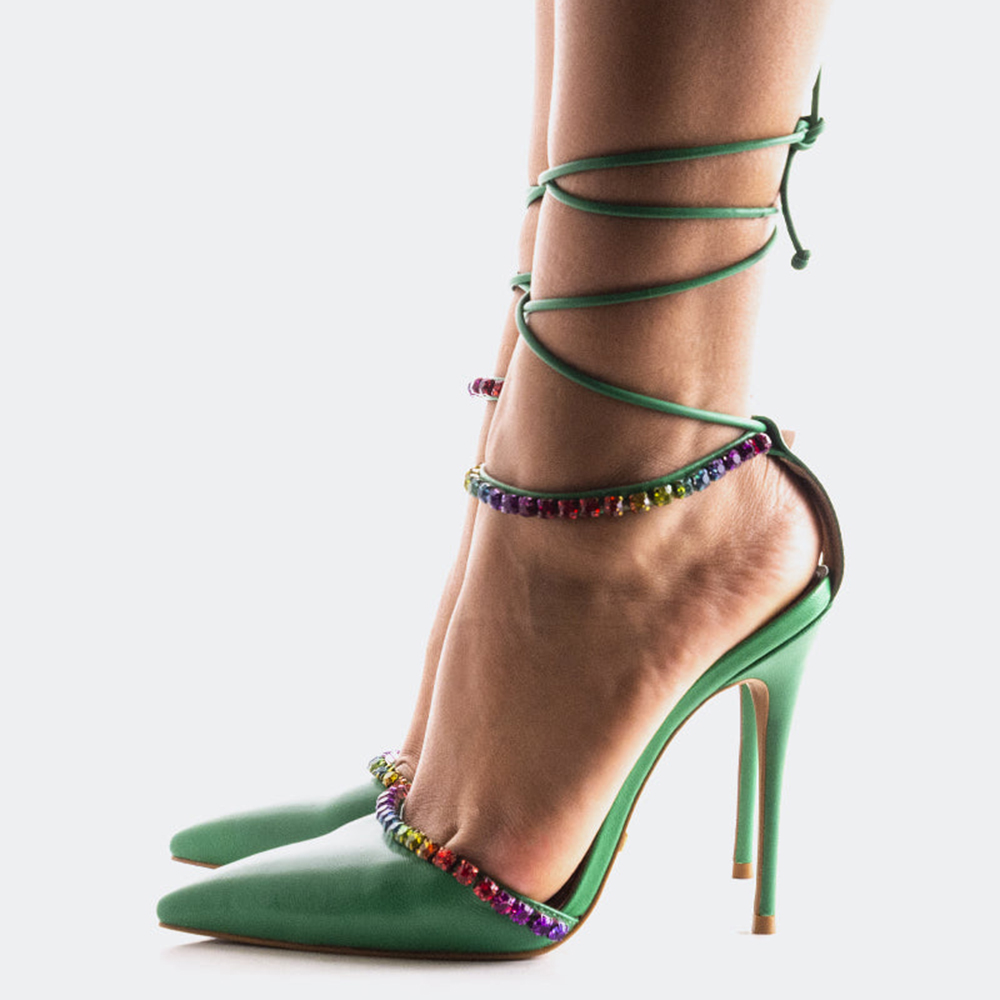 Green Closed Toe 4'' Stiletto Heel Lace Up Sandals with Rhinestone Nicepairs