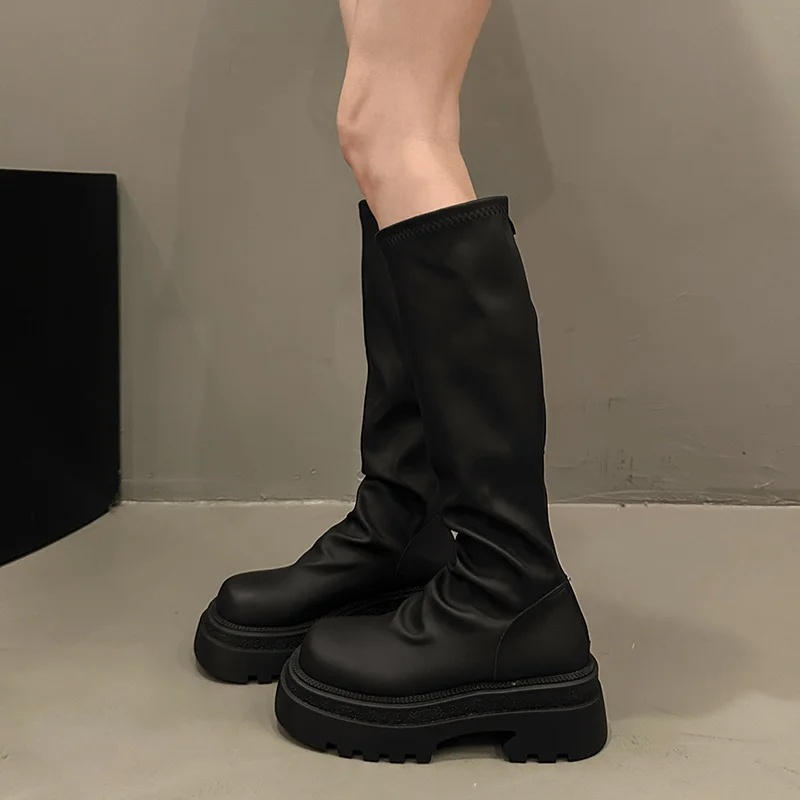 Yyvonne Autumn New British Folded Elastic Skinny Boots Retro Thick And Thick Bottom Pine Cake But Knee Long Boots Women
