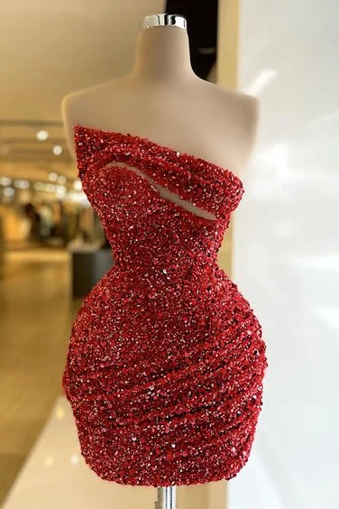 Lvs&Broner Glamorous Sequins Red Sleeveless Strapless Short Homecoming Dress With Pleated 