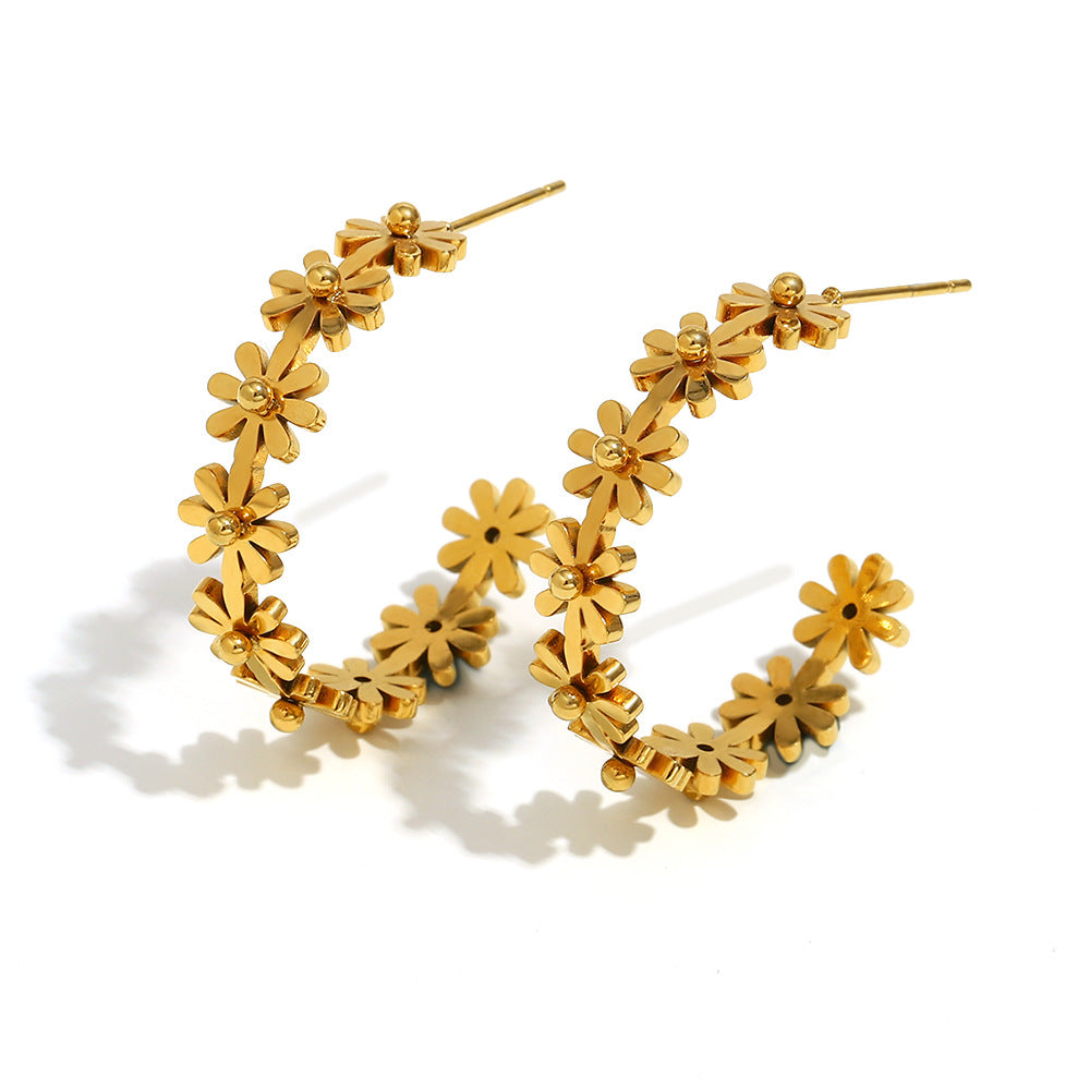 Ins Style Fashion Retro Earrings Stainless Steel 18K Gold Plated Flower C-Shaped Earrings For Women