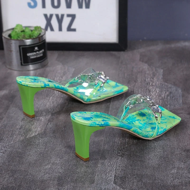 Latest Green Color Shoes for Women Sandals 2021 Fashion Women Clear Rhinestone Heels High Heels Sexy Ladies Ladies Dress Shoes