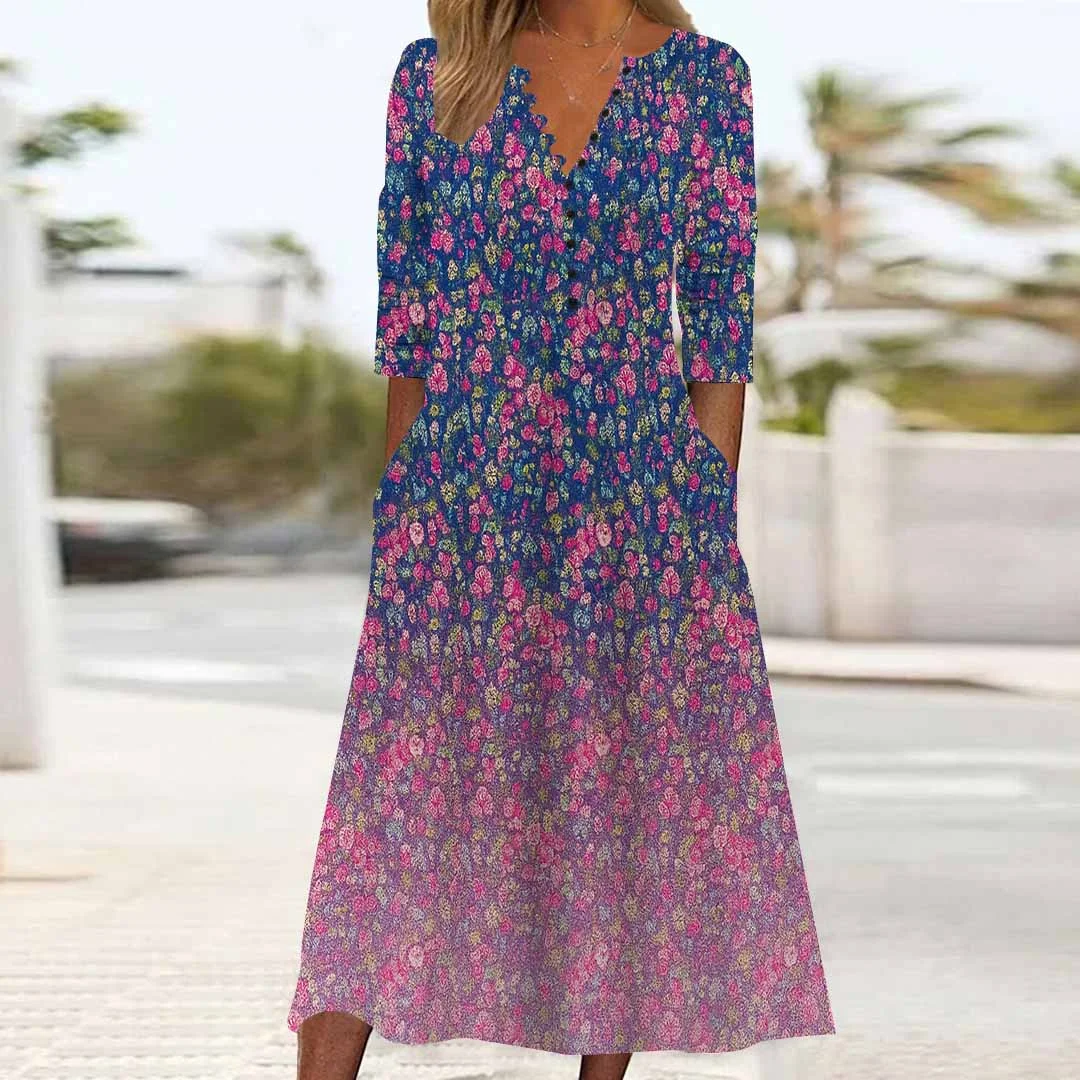 Women Floral,Gradient,Blue DZHB8272 Long Sleeve V-Neck Graphic Printed Midi Dress