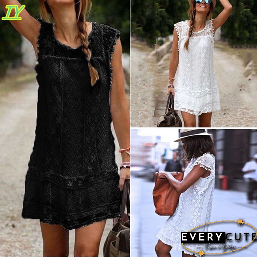 (S-5XL)Fashion Summer Dress Women Casual Sleeveless Short Dress Tassel Solid White Mini Lace Dress Plus Size