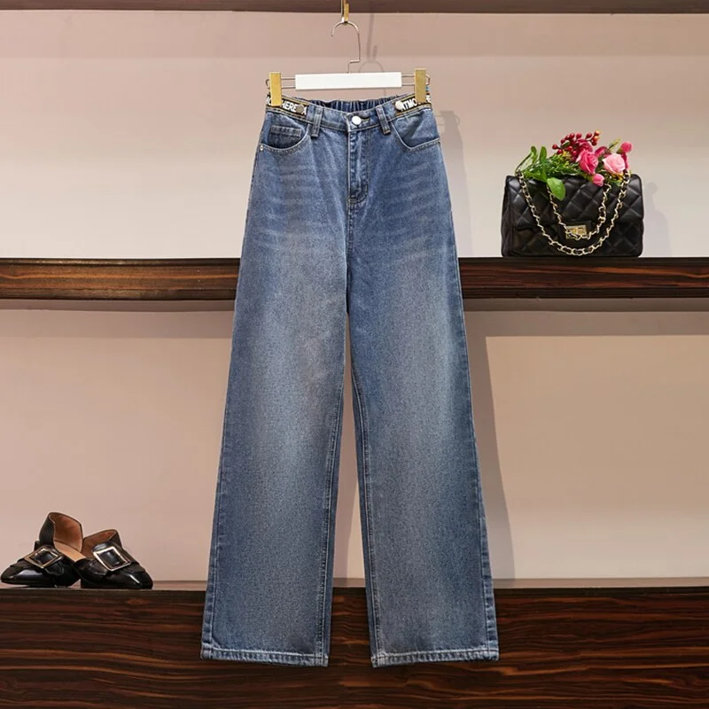 Patches Jeans Woman High Waist Wide Leg Denim Pants Ladies Casual Trousers Street Wear Elastic Back Waist Pantalones Mujer.