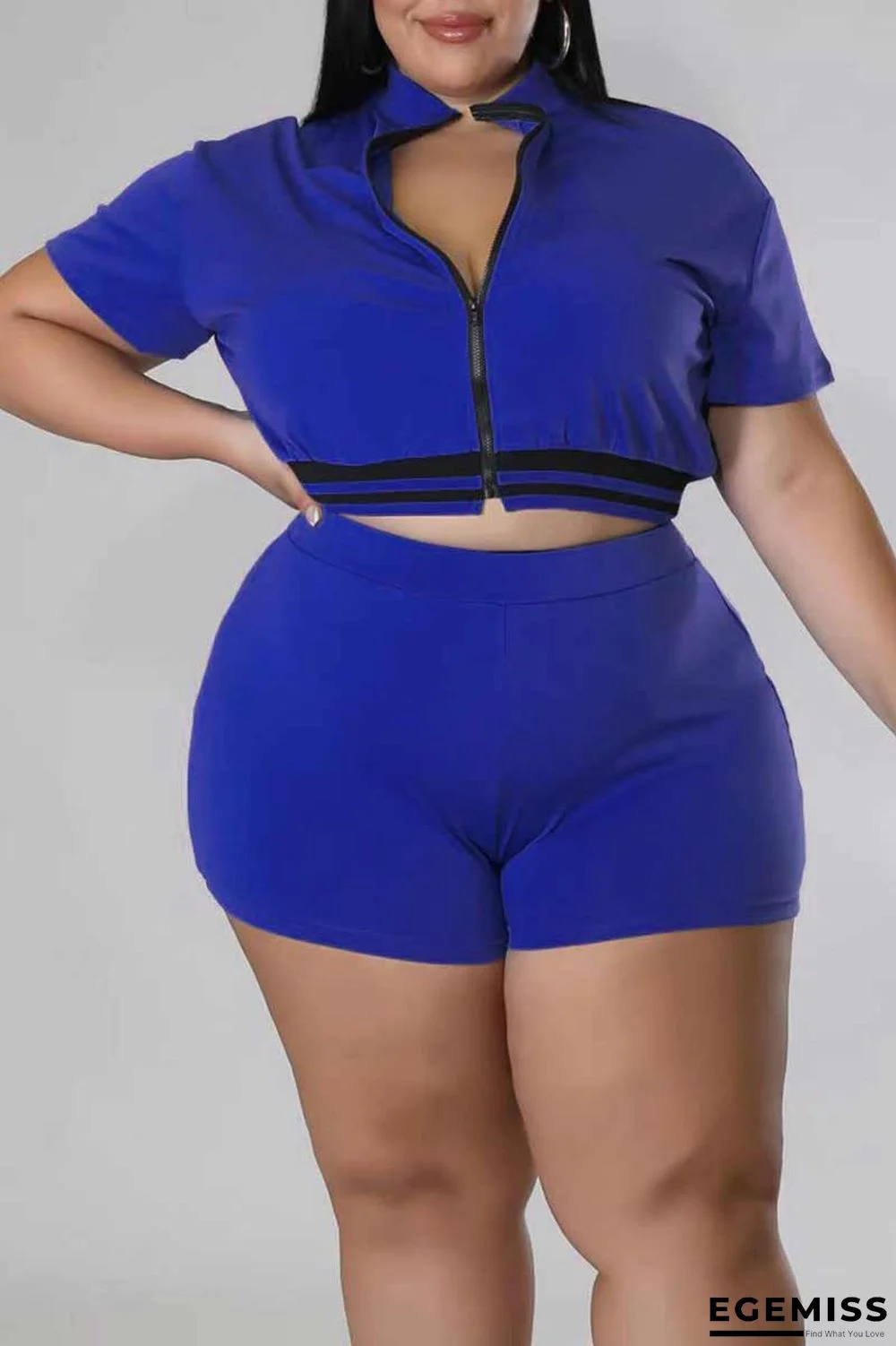 Blue Casual Solid Patchwork Zipper Plus Size Two Pieces | EGEMISS